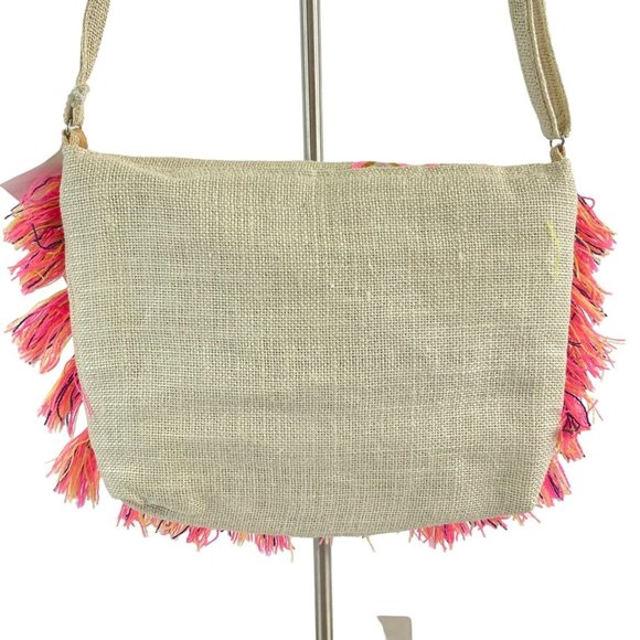America & Beyond Purse Satchel Bag Aztec Design Embroidered Fringe Jute Nwt - Picture 3 of 9